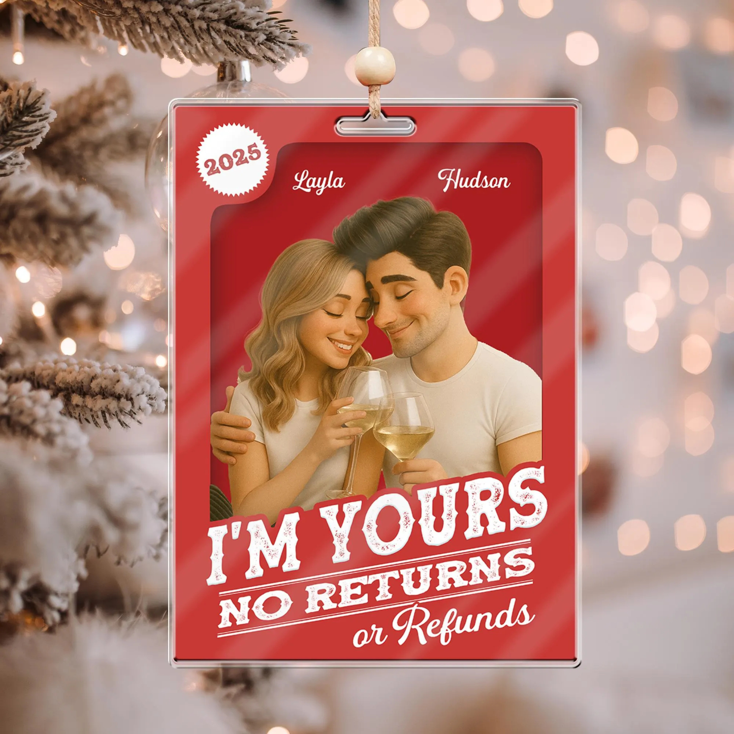 Custom Photo 2D Effect Figure Art Loving Couple, Personalized Couple Photo Acrylic Ornament, Couple 2D Block I'm Yours No Returns Ornament