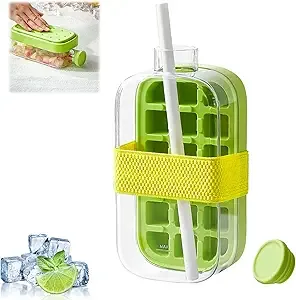 Ice Cube Bottle,2 in 1 Touch-Free Ice Cube Tray Water Bottle with Lid and Bin,Ice Maker Bottle,Silicone Water Bottle Ice Cube Tray Press Easy Ice Release for Freezer,Coffee,Juice,Beverage