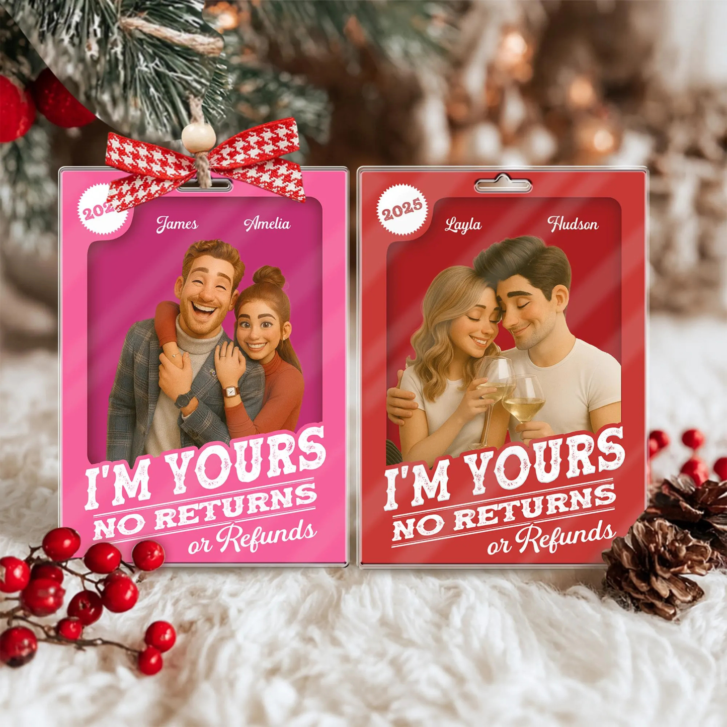 Custom Photo 2D Effect Figure Art Loving Couple, Personalized Couple Photo Acrylic Ornament, Couple 2D Block I'm Yours No Returns Ornament