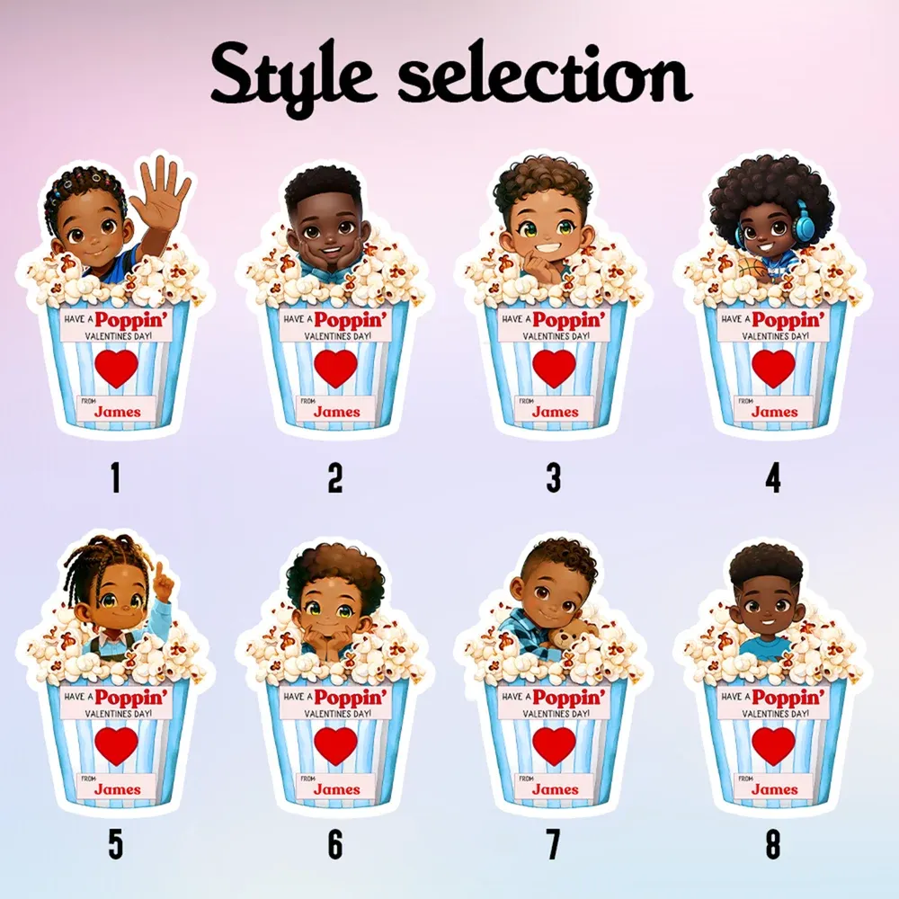 Personalized Cartoon Afro Black Girl Boy Popcorn Stickers with Name, Children's School Classroom Labels, Party Favors, Valentine's Day Gift for Kids