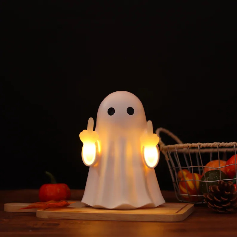 Funny Ghost Middle Finger LED Lamp,Halloween Cute Edgy Ghost Ornament,Scary Sesonal Home Decor,Cheeky Ghost Decor,Light up Middle Finger