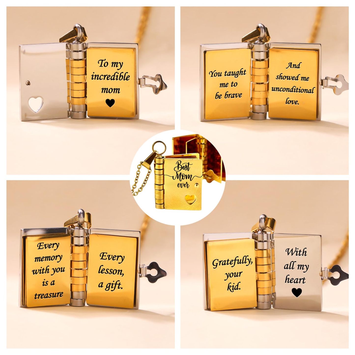 Personalized Mom Necklace for Women - Heartfelt Message Jewelry for Mom from Daughter Son, Engraved Book Pendant, Birthday Christmas Gift for Mother