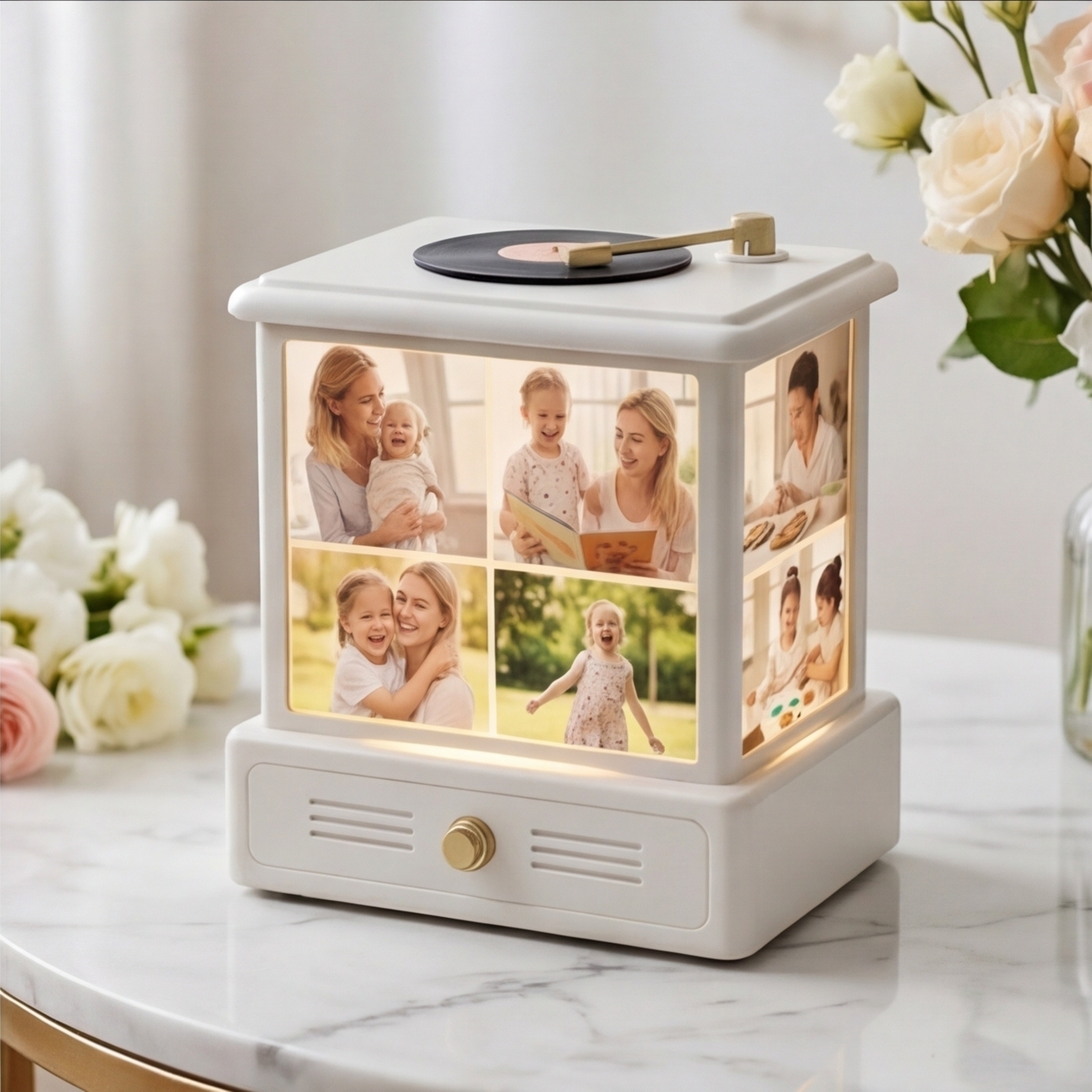 Custom Photo Night Light with Music Box, Personalized Mother's Day Gift for Mom, Vinyl Record Style LED Lamp with Multi Photo Collage