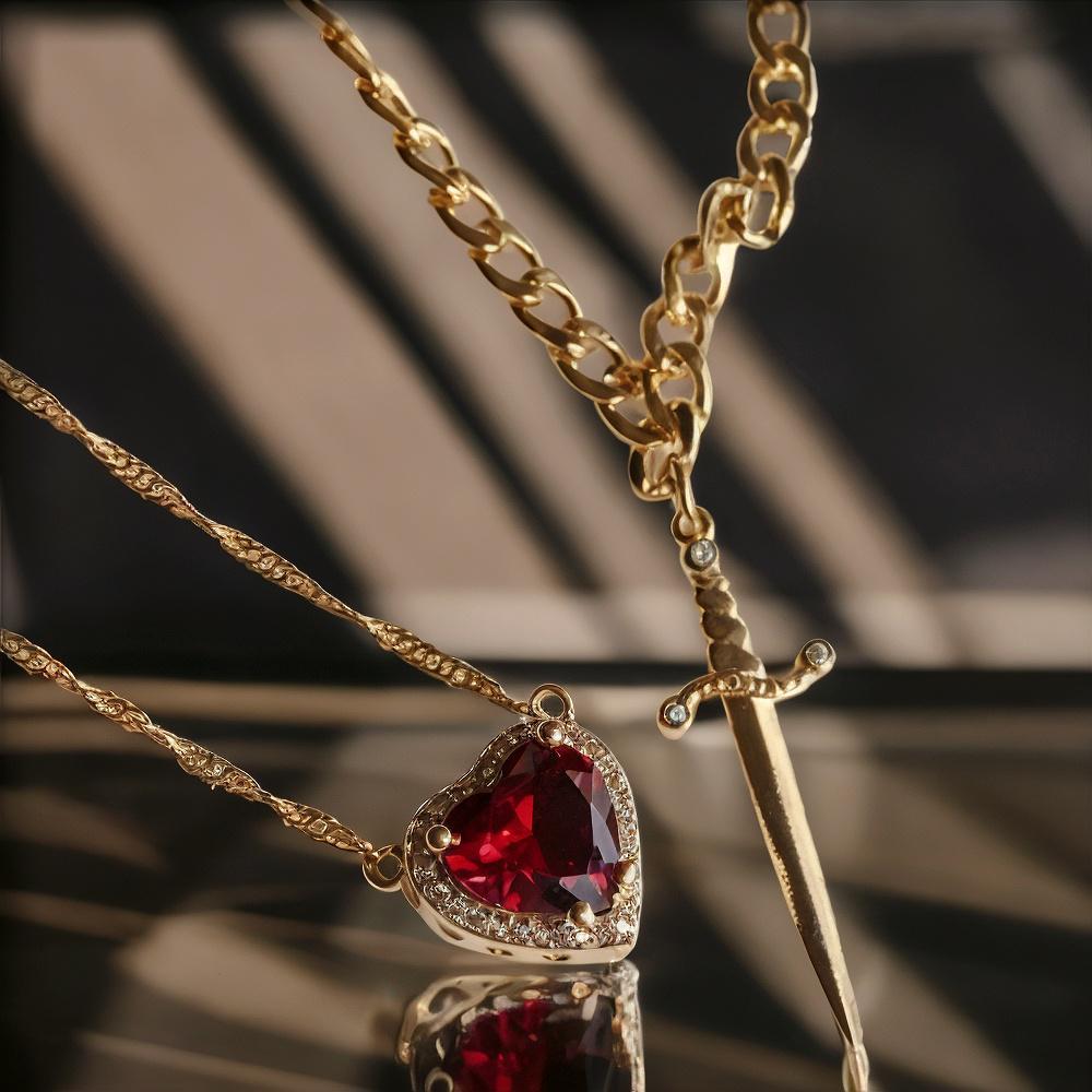 Silver Plated Couple Necklaces Trendy Sword Through Heart Pendant Jewelry Gift Crystal Love Dagger Necklace Set