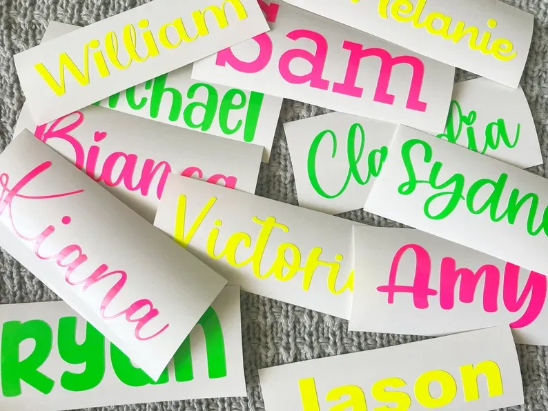 NEON custom vinyl decal, personalized sticker for tumblers, water bottle, laptop, car window, vinyl name labels, back to school stickers