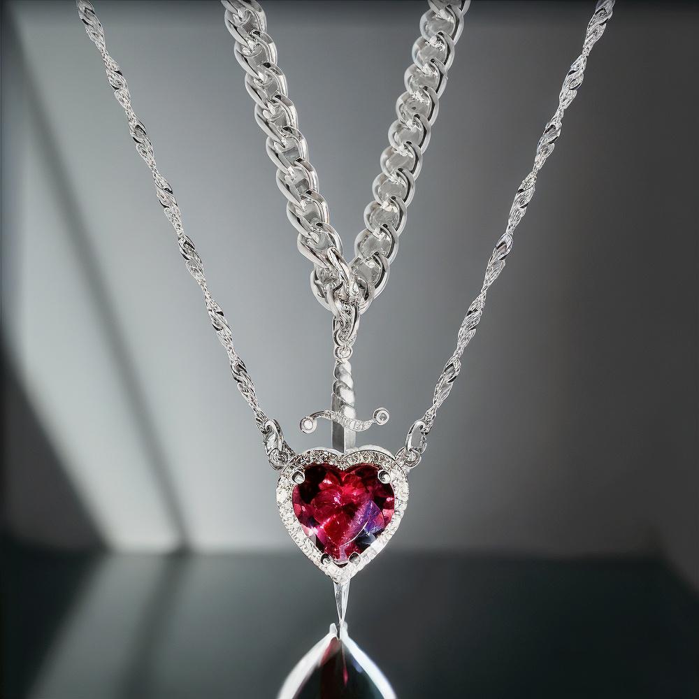 Silver Plated Couple Necklaces Trendy Sword Through Heart Pendant Jewelry Gift Crystal Love Dagger Necklace Set