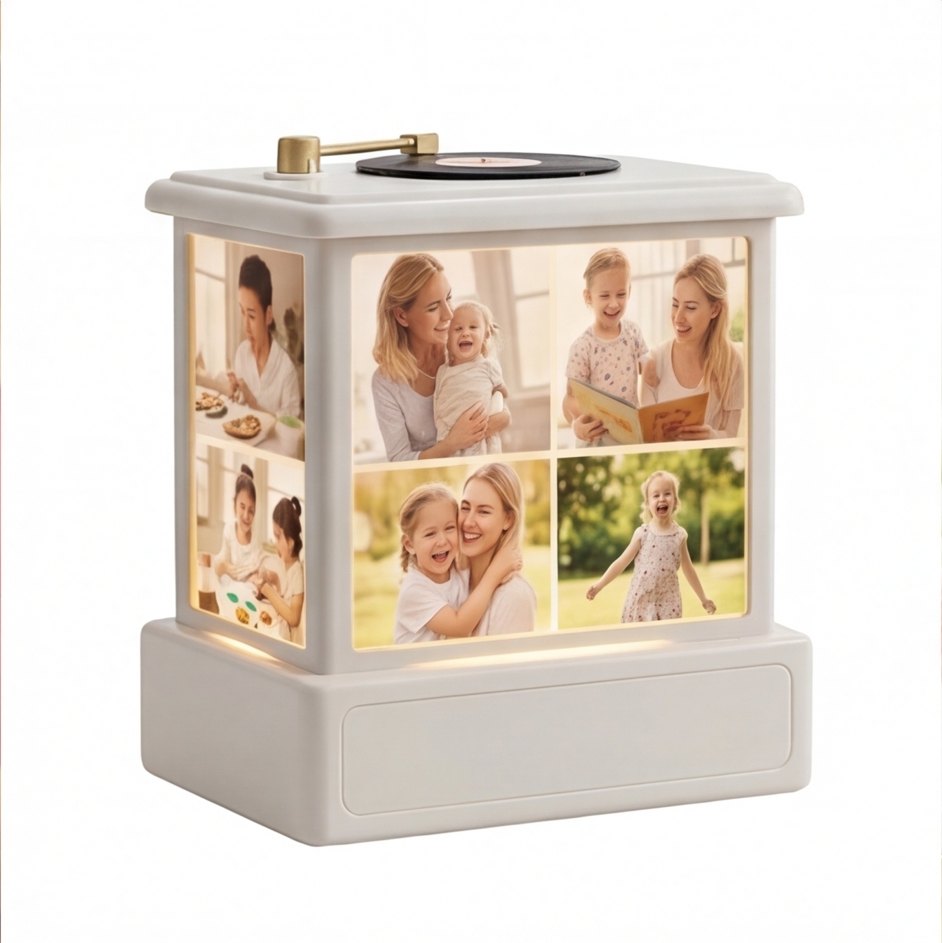 Custom Photo Night Light with Music Box, Personalized Mother's Day Gift for Mom, Vinyl Record Style LED Lamp with Multi Photo Collage