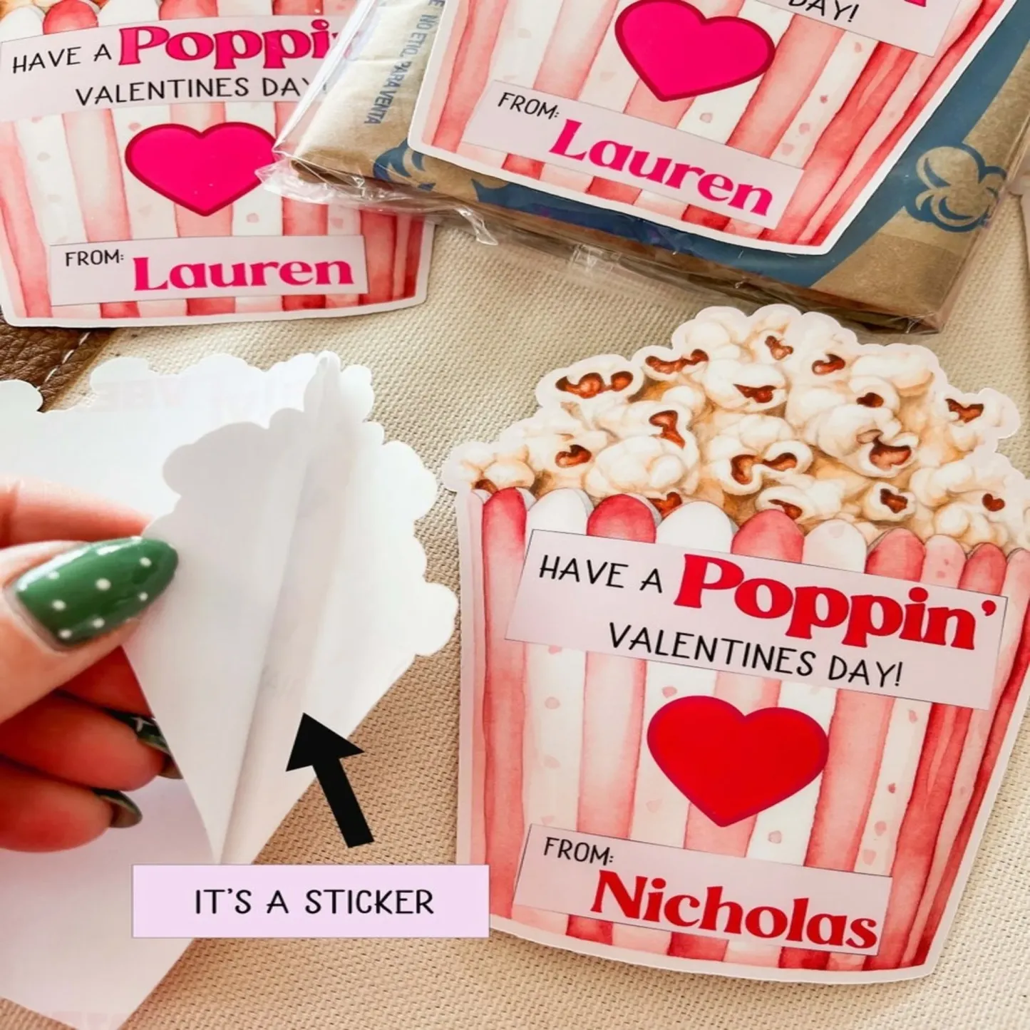 Custom Name Labels for Kids, Personalized Valentine’s Day Popcorn Stickers, Boys and Girls, Perfect Classroom Gifts