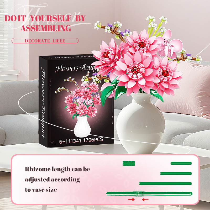 Flower Bouquet Building Set For Home Decor Willow Orchid Consolida Ajacis And Dahlia For Her