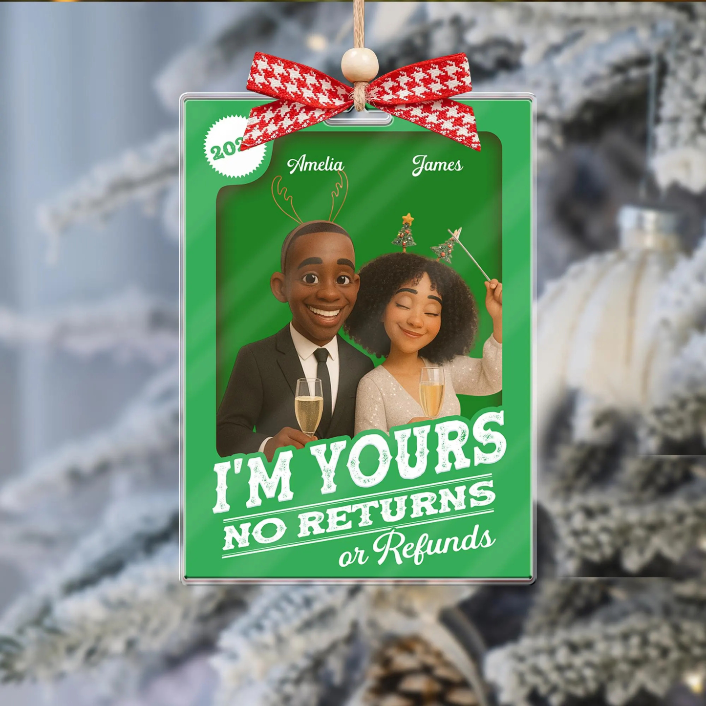 Custom Photo 2D Effect Figure Art Loving Couple, Personalized Couple Photo Acrylic Ornament, Couple 2D Block I'm Yours No Returns Ornament