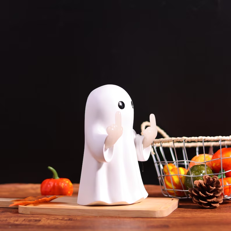 Funny Ghost Middle Finger LED Lamp,Halloween Cute Edgy Ghost Ornament,Scary Sesonal Home Decor,Cheeky Ghost Decor,Light up Middle Finger