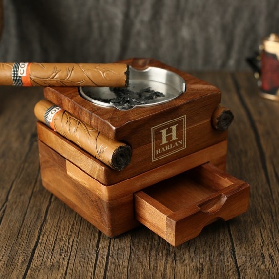Personalized Whiskey & Cigar Tray Glass Holder Ashtray Whiskey, 2 in 1 Wooden Cigar Ashtray With Whiskey Glass Holder, Great Gifts for Men