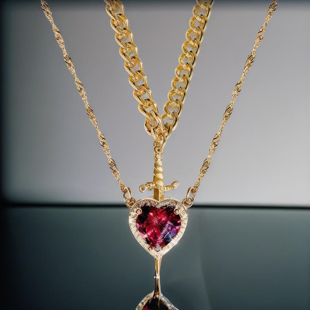 Silver Plated Couple Necklaces Trendy Sword Through Heart Pendant Jewelry Gift Crystal Love Dagger Necklace Set