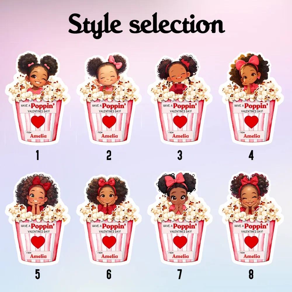 Personalized Cartoon Afro Black Girl Boy Popcorn Stickers with Name, Children's School Classroom Labels, Party Favors, Valentine's Day Gift for Kids