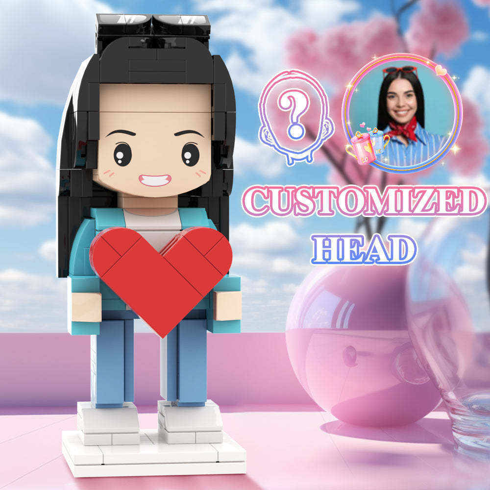 Girl Holding Heart Valentine's Day Gift Custom Head Brick Figures Personalized Brick Figures Small Particle Block Girl - My Custom BrickHeadz