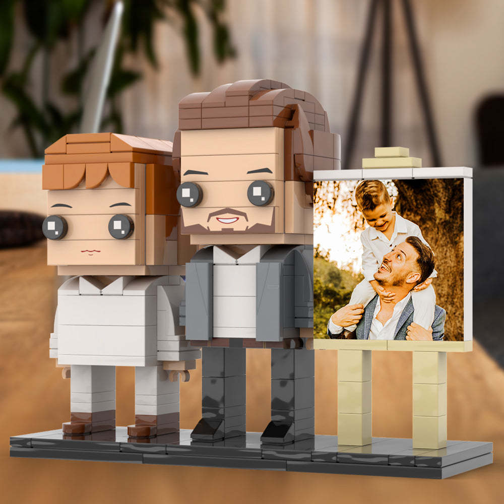 Full Body Customizable 2 People Little Son Sit On Daddy's Shoulder Photo Frame Personalized Custom Brick Figures Small Particle Block Toy Personalized For Father's Day