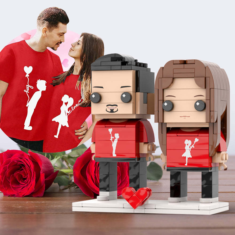 Custom Head Beautiful Red Matching Shirt For Valentine Couple Brick Figures Personalized Couples Brick Figures Small Particle Block Gift For Couples - My Custom BrickHeadz