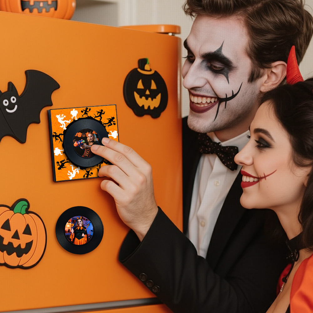 Custom Music & Photo Fridge Magnet Can Customize 1-6  Vinyl Record and Songs Personalized Vintage Photo Song That Can Play Music Halloween Gifts for Couple - MyCustomBrickFigures