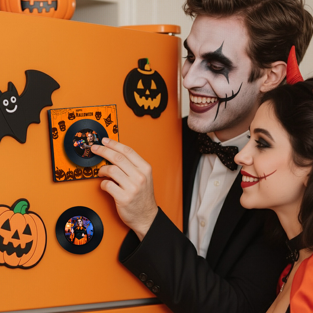 Halloween Fridge Magnet Custom Music & Photo Fridge Magnet Can Customize 1-6  Vinyl Record and Songs Personalized Vintage Photo Song That Can Play Music Halloween Gifts for Couple - MyCustomBrickFigures