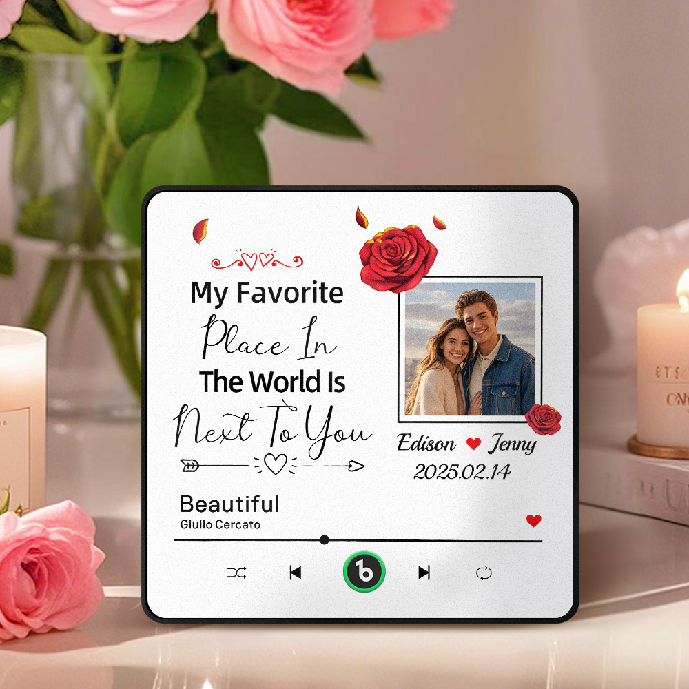 Custom Music Fridge Magnet Personalized Photo Refrigerator Magnet With Flower Pattern My Favorite Place In The World Is Next To You Gift for Couple - MyCustomBrickFigures