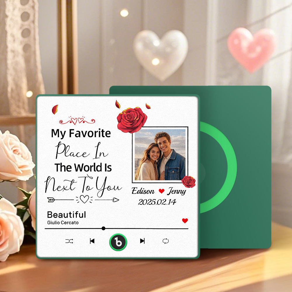 Custom Music Fridge Magnet Personalized Photo Refrigerator Magnet With Flower Pattern My Favorite Place In The World Is Next To You Gift for Couple - MyCustomBrickFigures