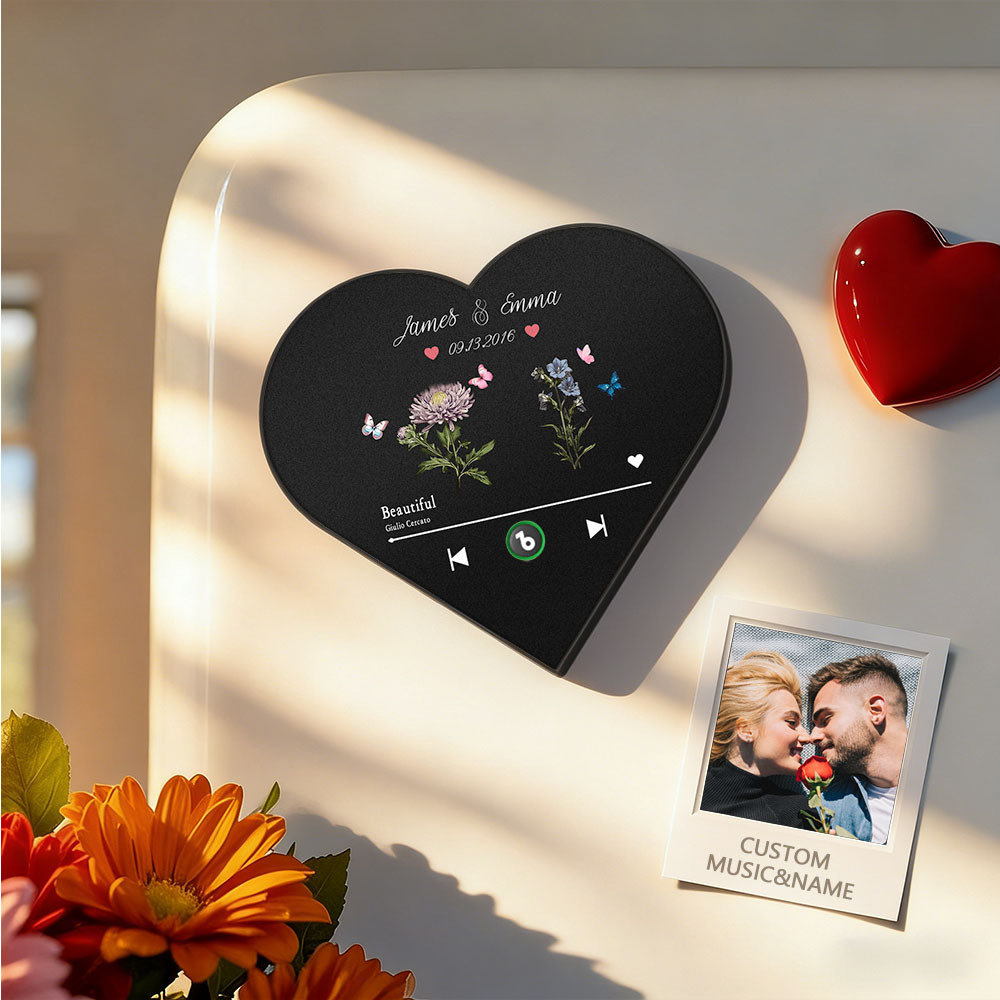 Custom Heart-Shaped Birth Month Flower Music Fridge Magnet Romantic Gift for Couples Valentine's Day Gifts - MyCustomBrickFigures