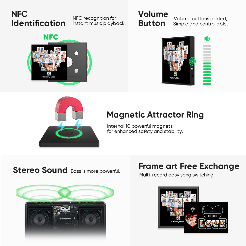 Custom Music Fridge Magnet Personalized Heart Multi Photos Can Customize 1-6 Frame Art and Songs