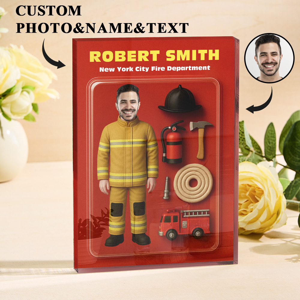 Personalized 3D Effect Firefighter Action Figure Customizable Head Packaging Custom Acrylic Block Plaque Gift For Firefighters - Giftlab