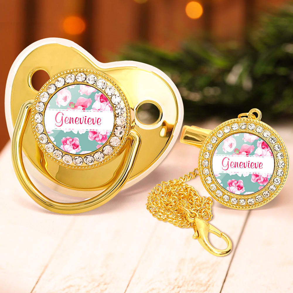 Custom Name Bling Pacifier and Pacifier Clip Set Personalized Flower G