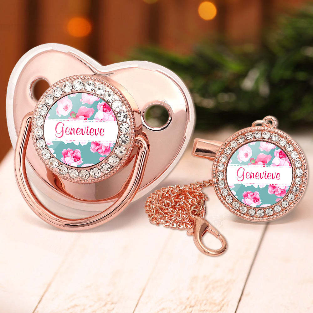 Custom Name Bling Pacifier and Pacifier Clip Set Personalized Flower Glitter Crystal Bling Pacifier Gift for Baby - Bestchristmasgifts