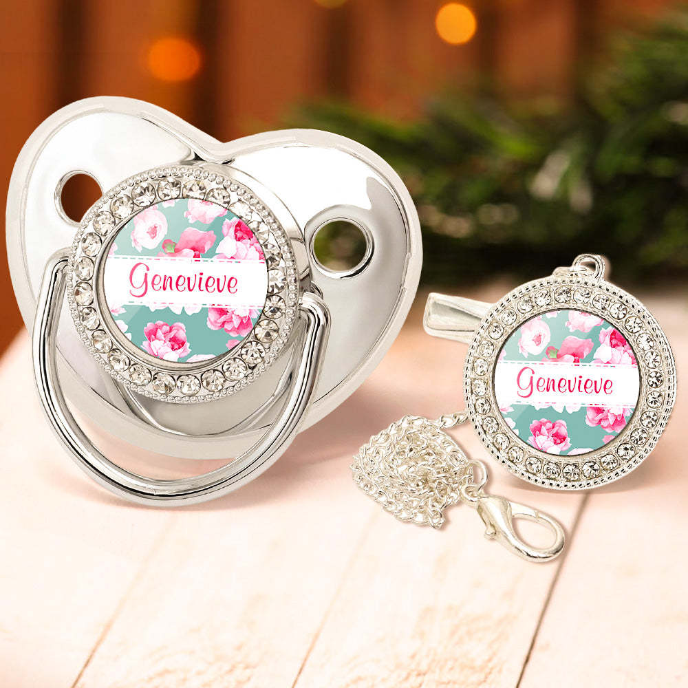 Custom Name Bling Pacifier and Pacifier Clip Set Personalized Flower Glitter Crystal Bling Pacifier Gift for Baby - Bestchristmasgifts