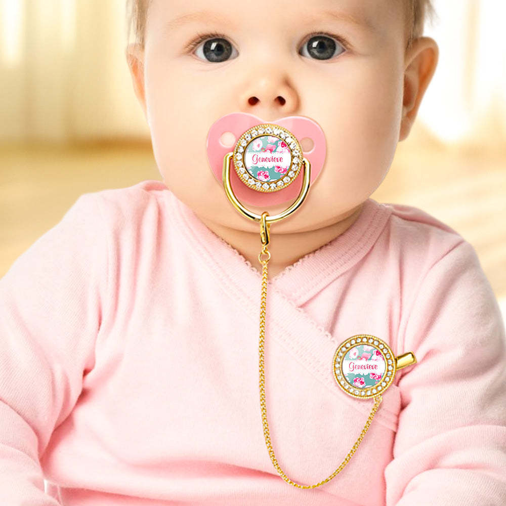 Custom Name Bling Pacifier and Pacifier Clip Set Personalized Flower Glitter Crystal Bling Pacifier Gift for Baby - Bestchristmasgifts