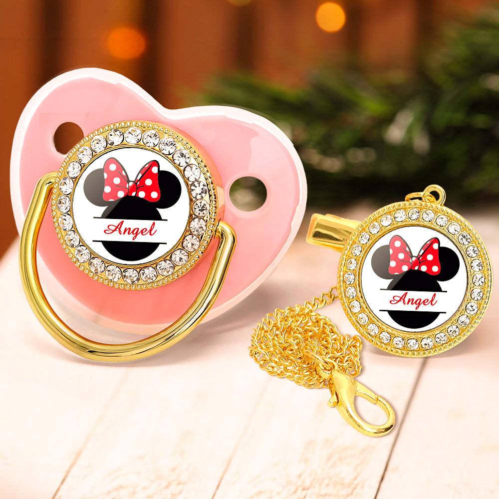 Custom Name Bling Pacifier and Pacifier Clip Set Personalized Minnie Glitter Crystal Bling Pacifier Gift for Baby - Bestchristmasgifts