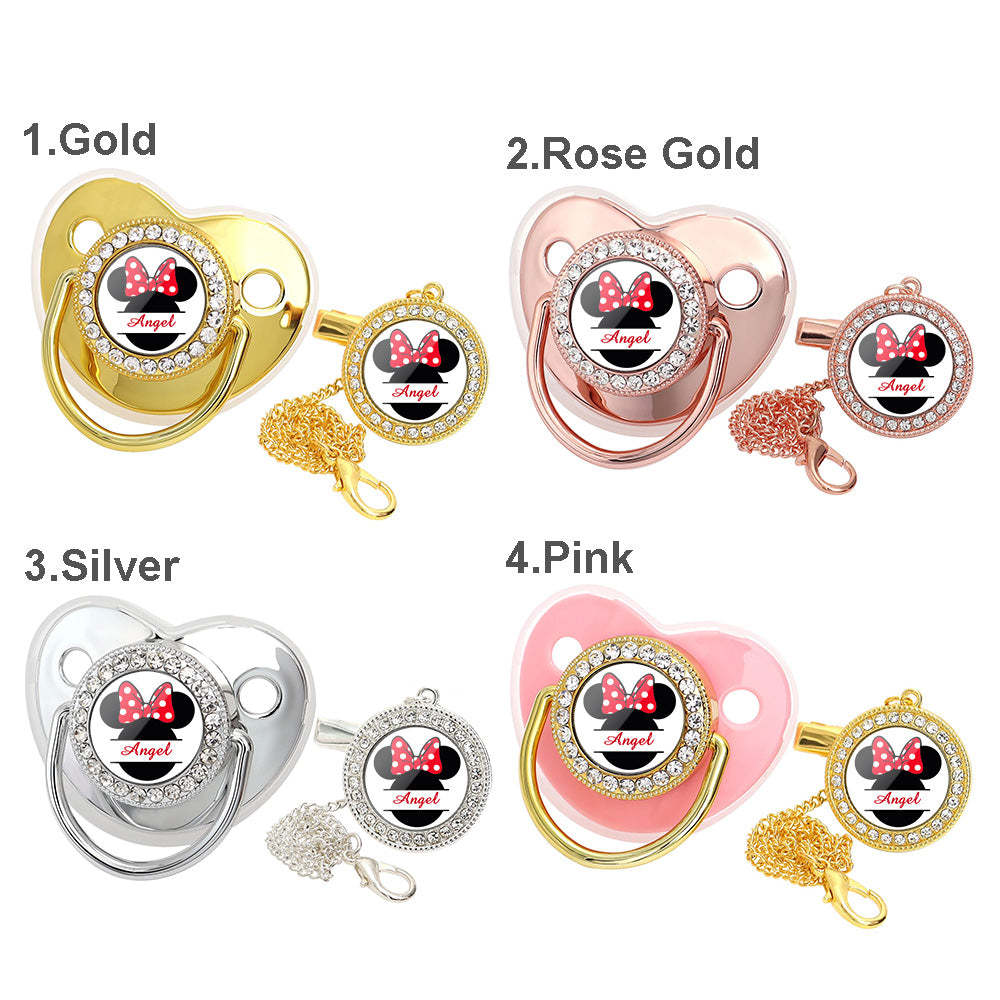 Custom Name Bling Pacifier and Pacifier Clip Set Personalized Minnie Glitter Crystal Bling Pacifier Gift for Baby - Bestchristmasgifts