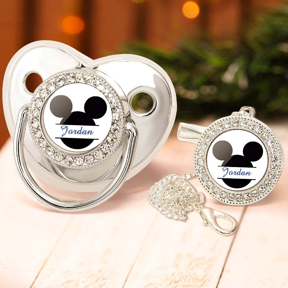 Custom Name Bling Pacifier and Pacifier Clip Set Personalized Mickey Glitter Crystal Bling Pacifier Gift for Baby - Bestchristmasgifts