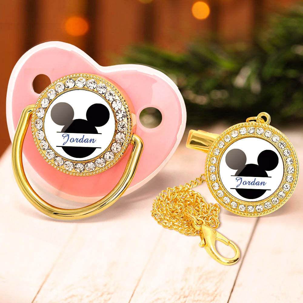 Custom Name Bling Pacifier and Pacifier Clip Set Personalized Mickey Glitter Crystal Bling Pacifier Gift for Baby - Bestchristmasgifts
