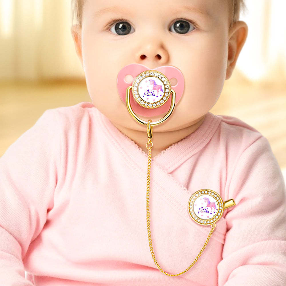 Custom Name Bling Pacifier and Pacifier Clip Set Personalized Pink Unicorn Glitter Crystal Pacifier Gift for Baby - Bestchristmasgifts