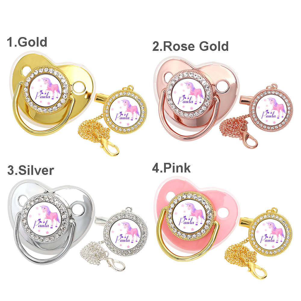 Custom Name Bling Pacifier and Pacifier Clip Set Personalized Pink Unicorn Glitter Crystal Pacifier Gift for Baby - Bestchristmasgifts