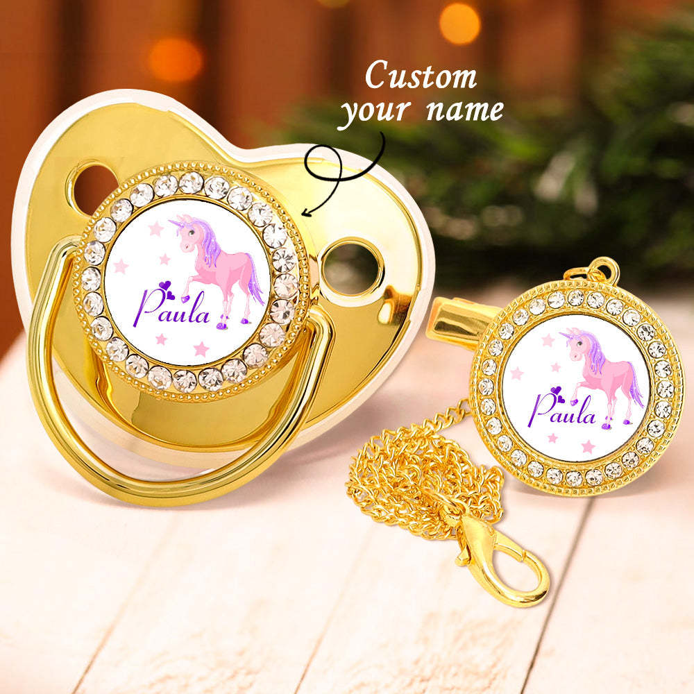 Custom Name Bling Pacifier and Pacifier Clip Set Personalized Pink Unicorn Glitter Crystal Pacifier Gift for Baby - Bestchristmasgifts