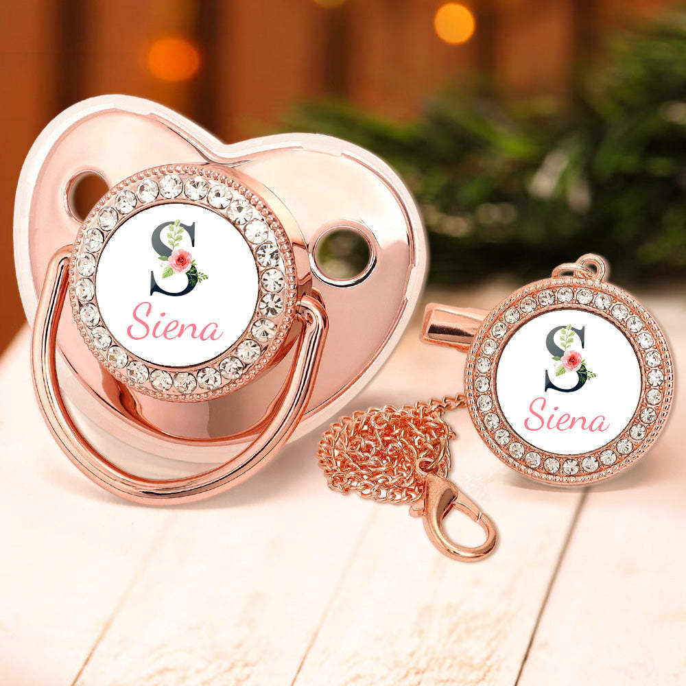 Custom Name Bling Pacifier and Pacifier Clip Set Personalized Glitter Crystal Pacifier Gift for Baby - Bestchristmasgifts