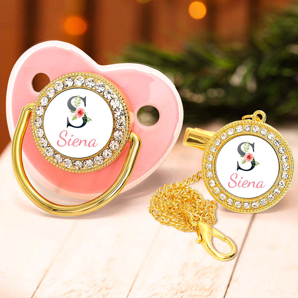 Custom Name Bling Pacifier and Pacifier Clip Set Personalized Glitter Crystal Pacifier Gift for Baby - Bestchristmasgifts