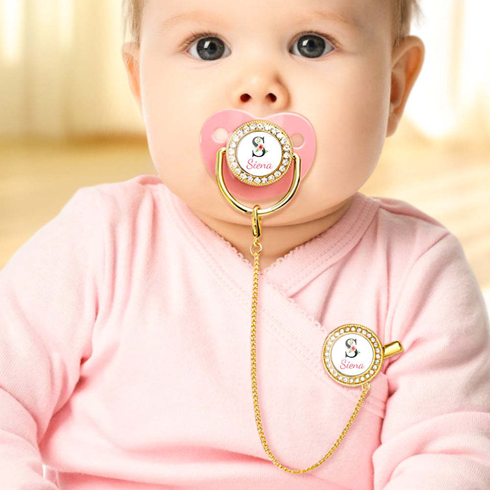 Custom Name Bling Pacifier and Pacifier Clip Set Personalized Glitter Crystal Pacifier Gift for Baby - Bestchristmasgifts