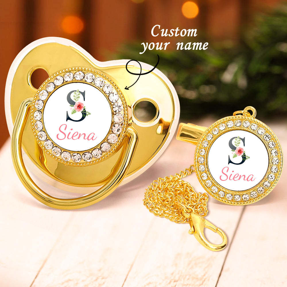 Custom Name Bling Pacifier and Pacifier Clip Set Personalized Glitter Crystal Pacifier Gift for Baby - Bestchristmasgifts