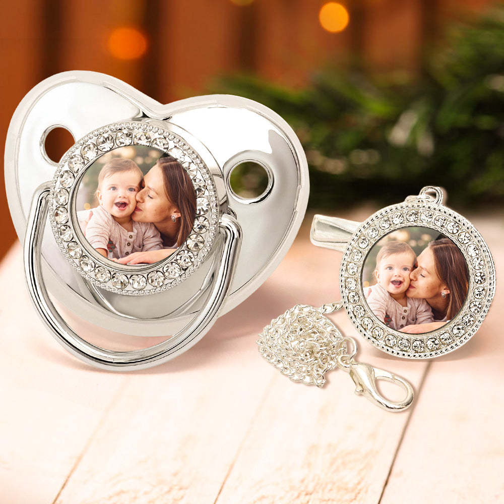 Custom Photo Bling Pacifier and Pacifier Clip Set Personalized Glitter Crystal Pacifier Gift for Baby - Bestchristmasgifts