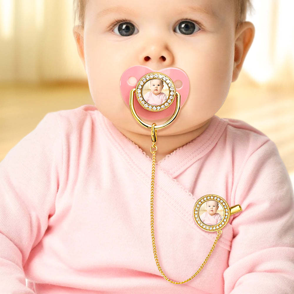 Custom Photo Bling Pacifier and Pacifier Clip Set Personalized Glitter Crystal Pacifier Gift for Baby - Bestchristmasgifts
