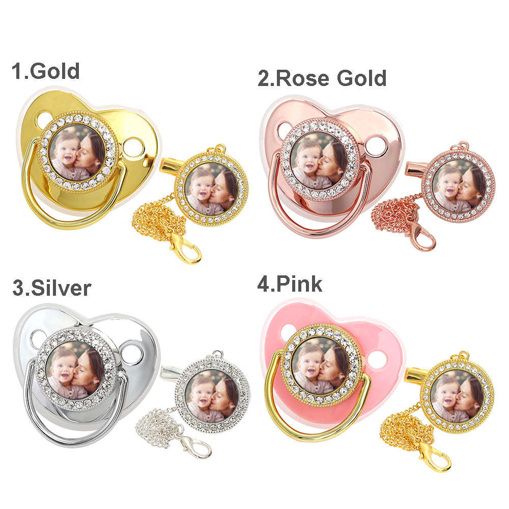 Custom Photo Bling Pacifier and Pacifier Clip Set Personalized Glitter Crystal Pacifier Gift for Baby - Bestchristmasgifts