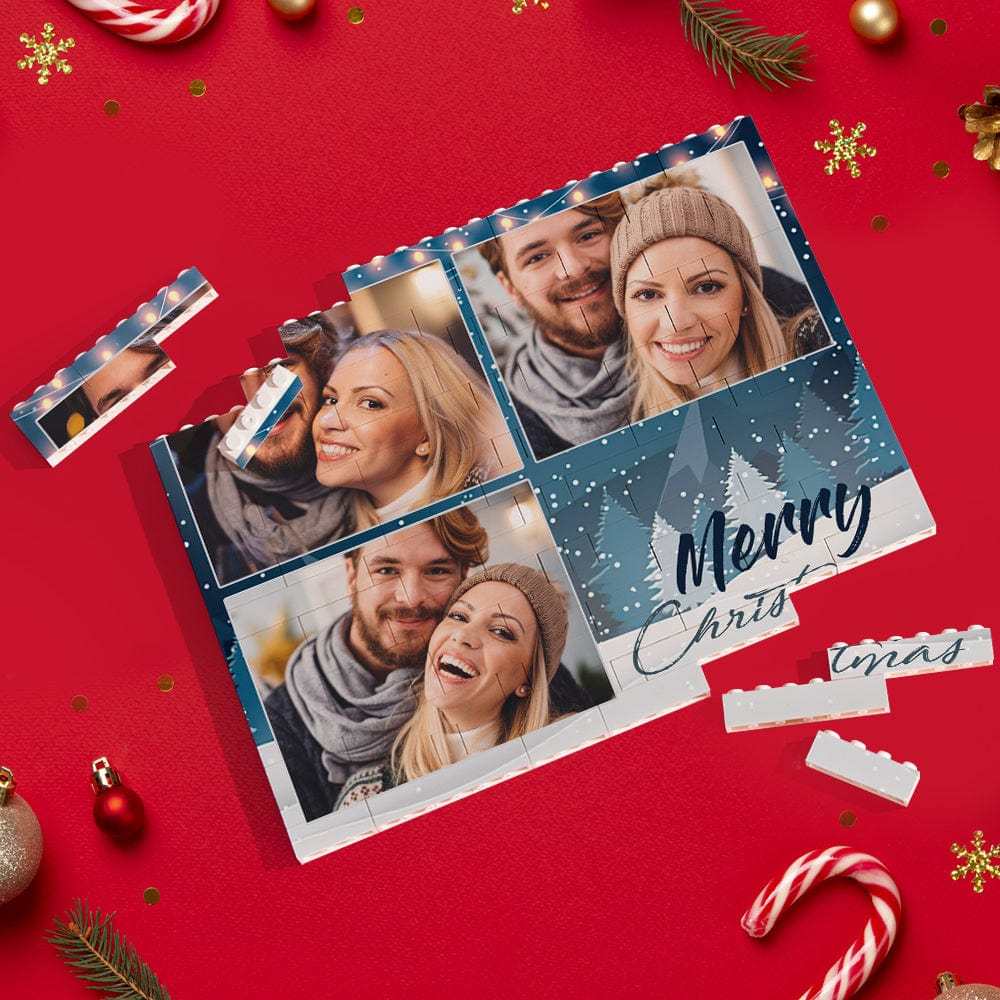 Custom Building Block Puzzle Personalized Blue Horizontal Trio Couple Photo Brick Christmas Gift - Giftlab