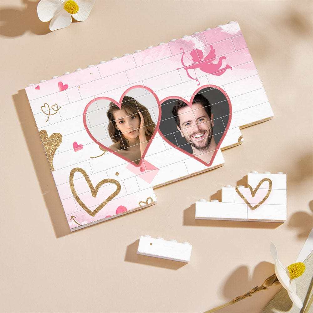 Personalized Double Heart Building Brick Custom Photo Block Square Shape - Giftlab