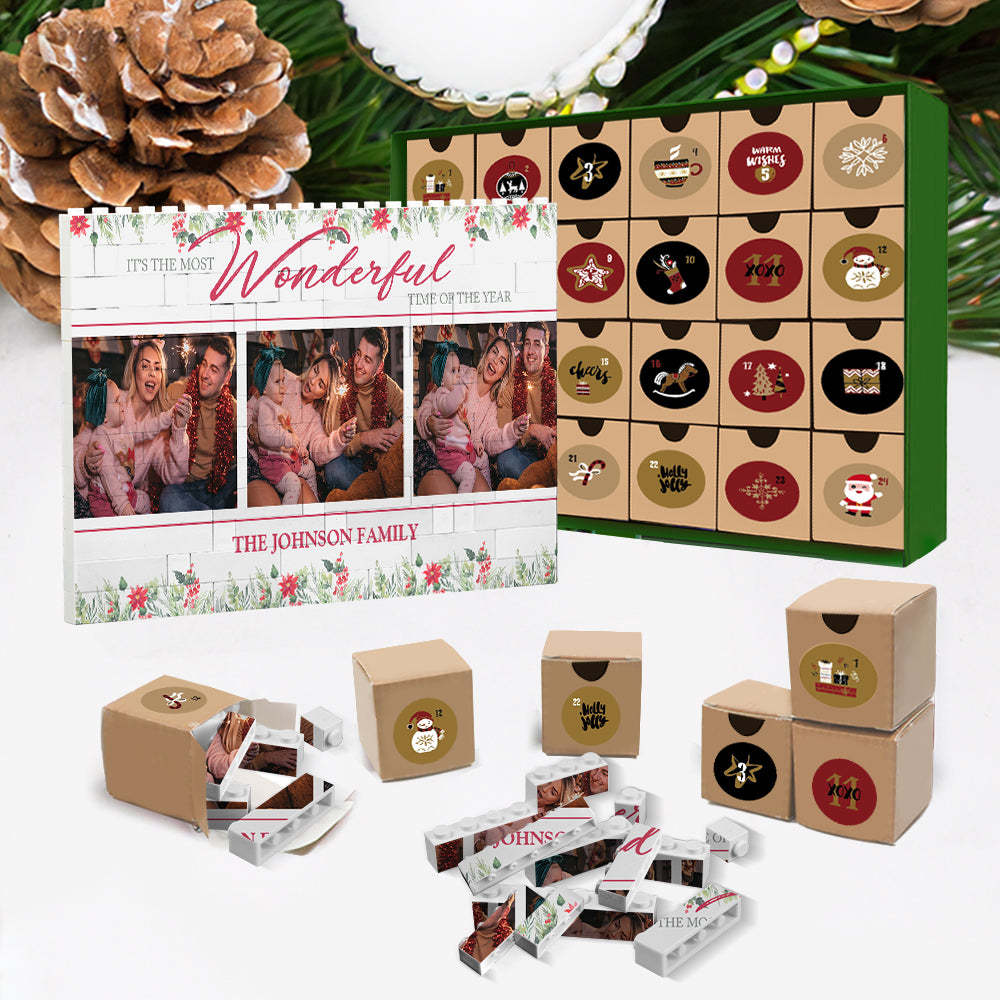 Christmas Advent Calendar Custom Building Block Puzzle Blind Box Gifts Personalized Horizontal Trio Photo Brick Christmas Wonderful Time - My Custom BrickHeadz