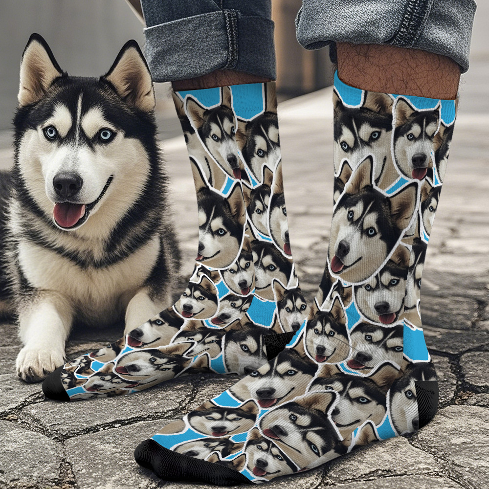 Custom Mush Face Socks Funny Photos Sock Gift for Pet Lover Blue